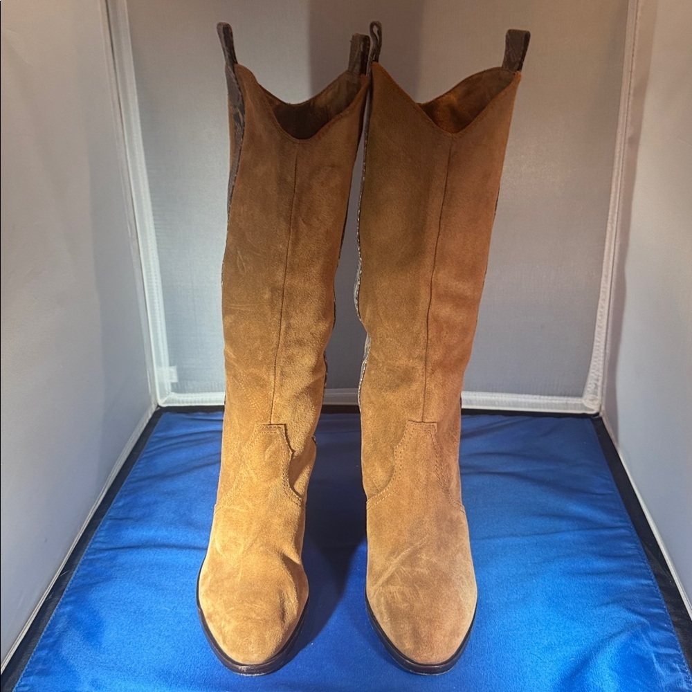 Donald Pliner riot suede western riding boot tan suede and snakeskin print strap - Picture 3 of 12